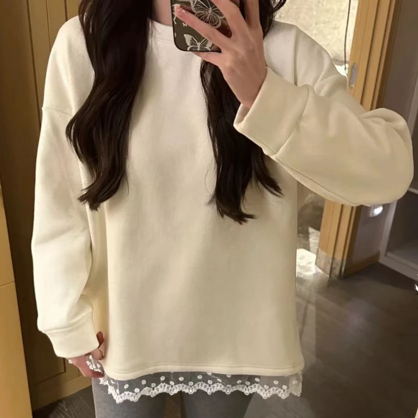 设计感加绒蕾丝边圆领卫衣女冬季2024新款白色时尚宽松打底衫T恤