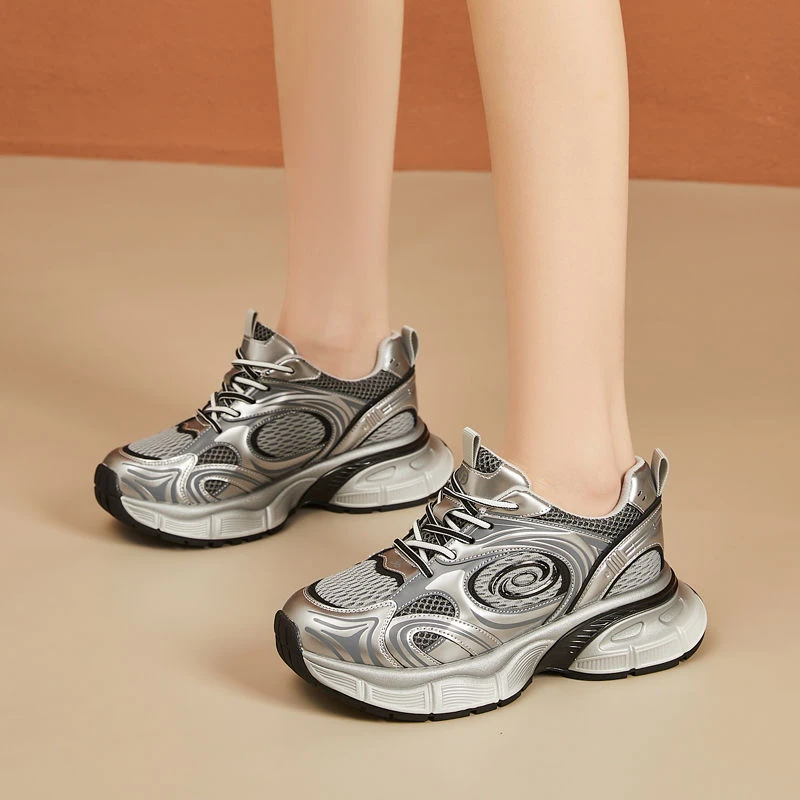 时尚银色厚底增高网面老爹鞋女款秋冬休闲百搭