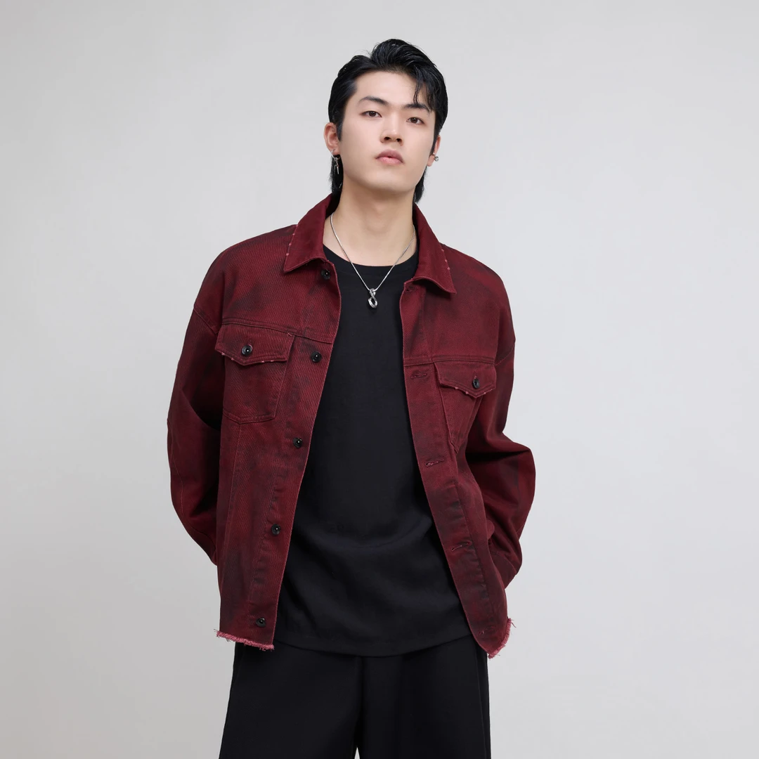 HERBEL/黑白2024秋季纯棉夹克外套男士休闲男外套时尚复古红色潮