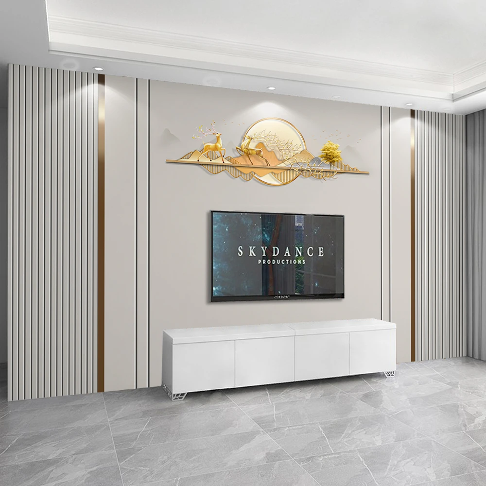 定制电视背景墙壁画简约大气客厅壁布麋鹿格栅墙贴高级感影视墙布