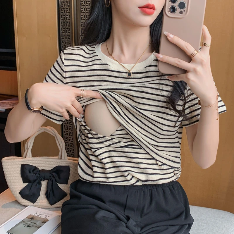 夏天产后短袖哺乳衣潮妈洋气T恤宽松月子服时尚打底衫外出喂奶衣