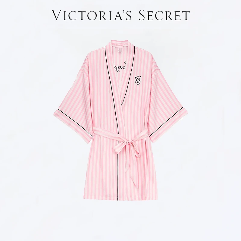 【维密·缎面短款睡袍】缎面系带束腰浴袍条纹刺绣logo宽松外套女士