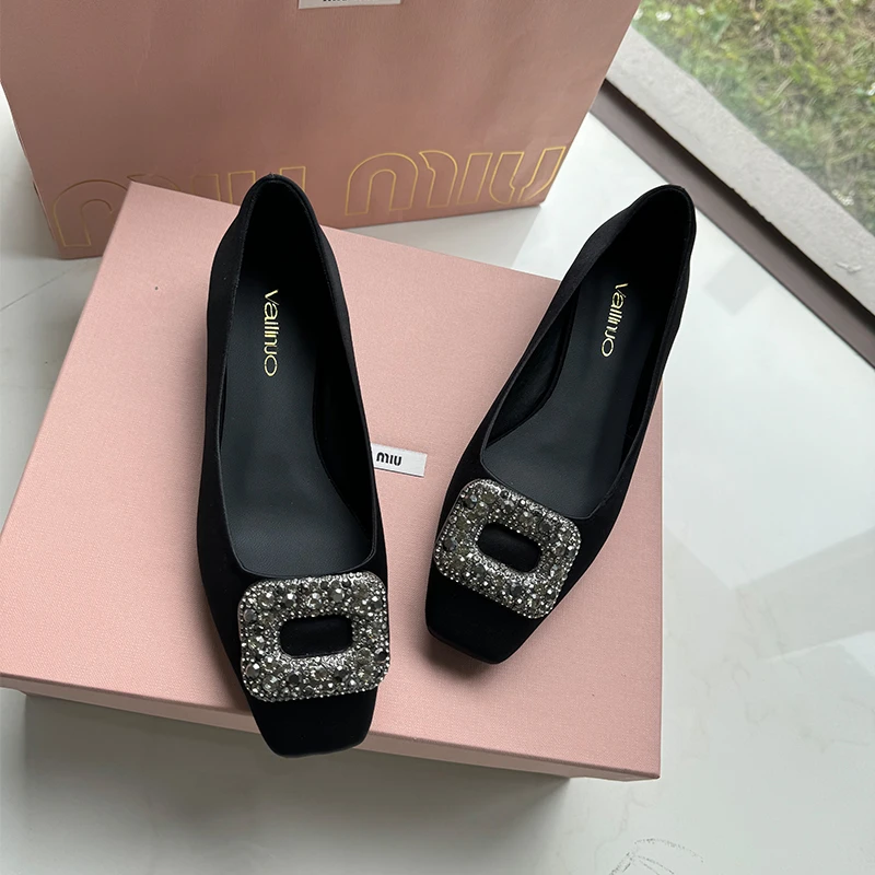 百搭气质高跟鞋女2024年新款方头粗跟水钻方扣浅口一脚蹬软底单鞋