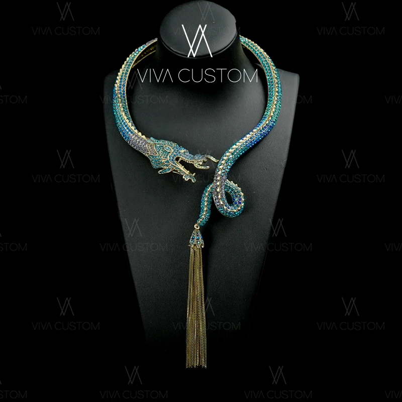 铜合金合成锆石项链 （HD系列）复古高级感重工墨雨青龙项圈