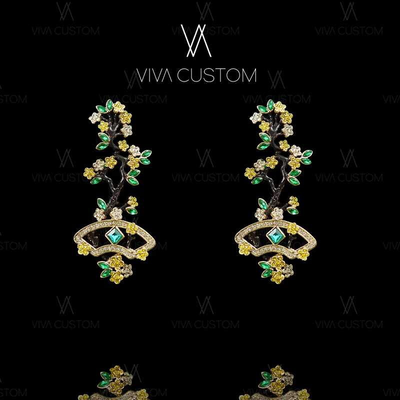 铜合金合成锆石耳饰 新中式系列 时尚气质流苏树心之语耳钉