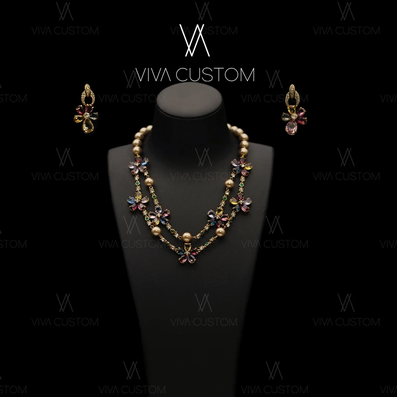 合金合成锆石耳饰 (鎏金岁月系列)复古国风设计感七彩花套装