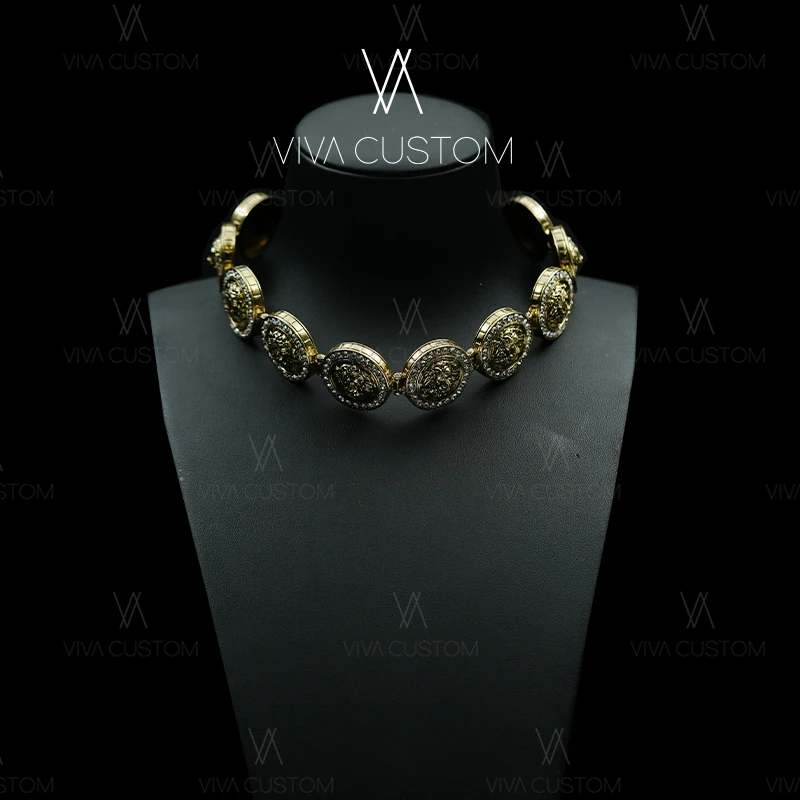 铜合金合成锆石项链 小香风系列 复古潮流气质重工立体狮子头颈联