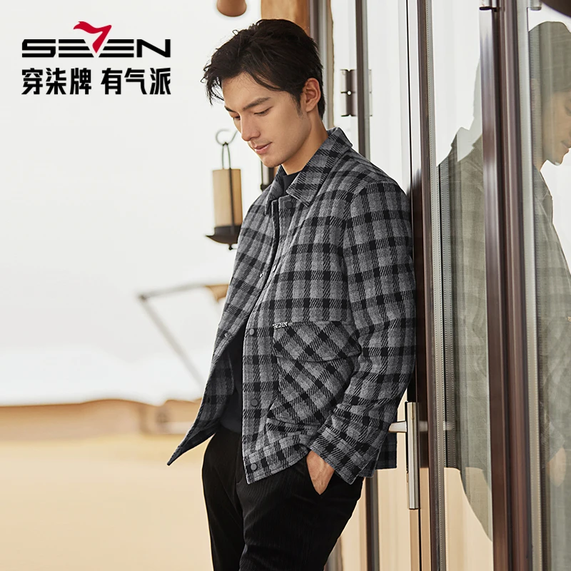 【含绵羊毛】柒牌毛呢夹克翻领2025秋冬新款轻奢格纹提花工装风外套