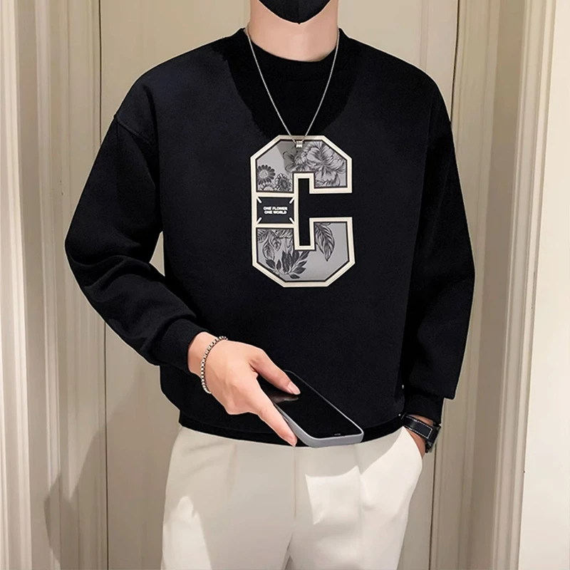 加绒加厚美式重磅卫衣男士圆领秋衣男上衣服T恤内搭打底衫男t秋装