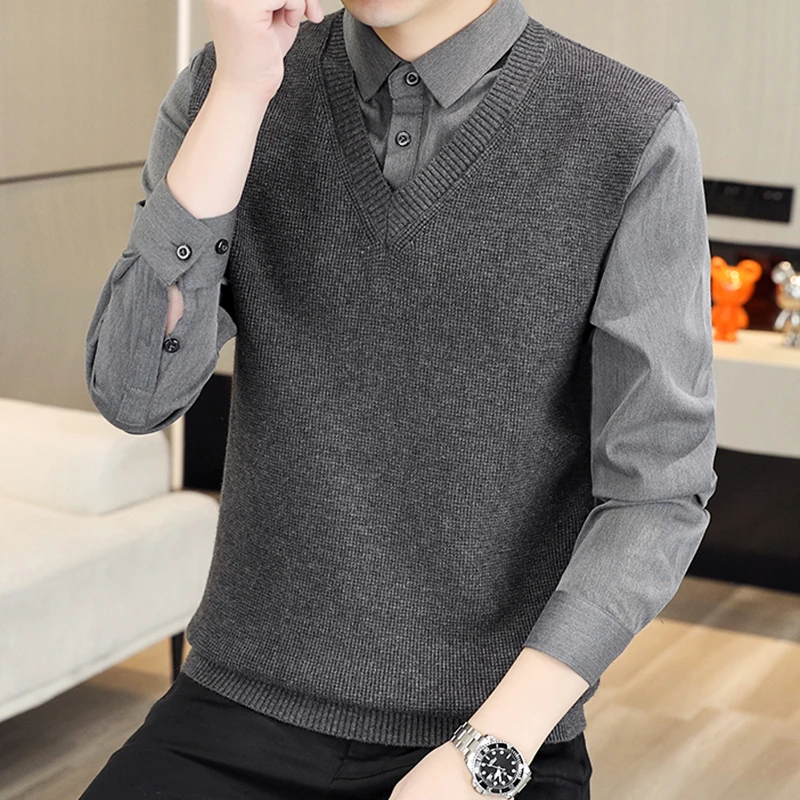 新款高贵上档次男装男春秋假两件拼接衬衫领毛衣男款秋季修身男装