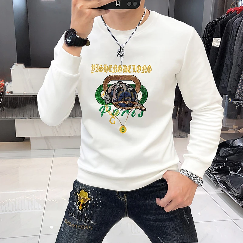 欧洲站卫衣男春秋款圆领潮牌修身青年个性刺绣亮片长袖t恤打底衫