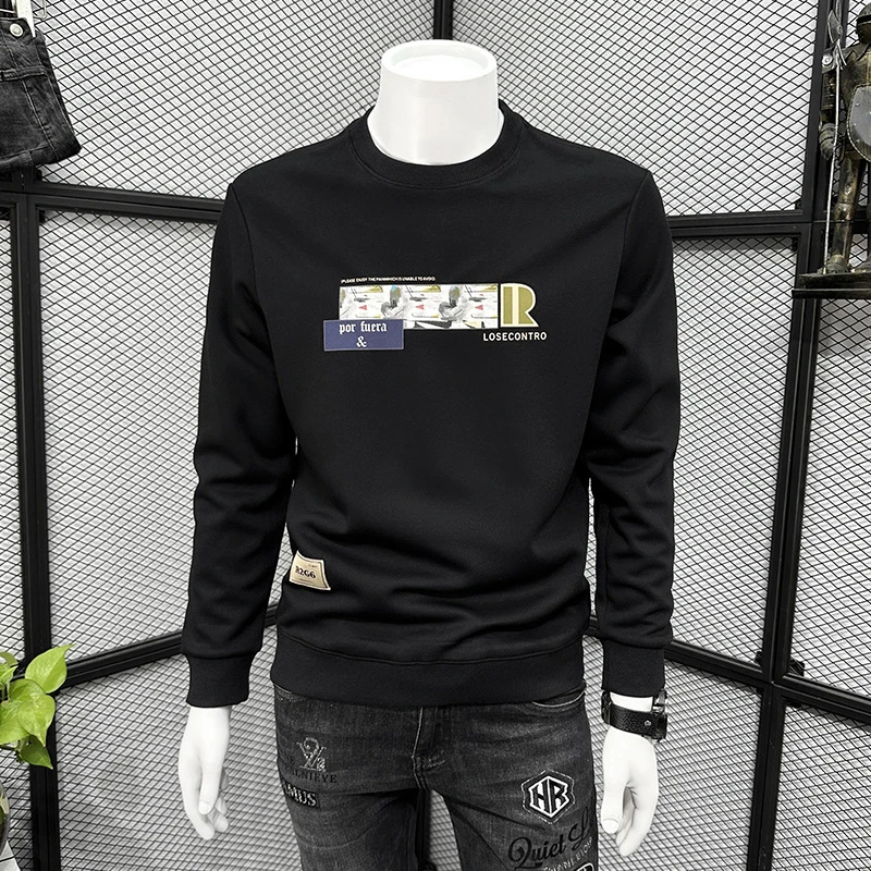 欧洲站男士圆领印花卫衣潮流美式休闲上衣秋冬加绒加厚潮牌打底衫