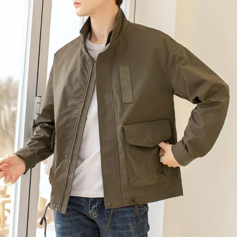 春秋季百搭潮流休闲男外套春季潮牌男士短款简约立领纯色夹克上衣