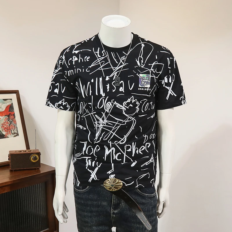 男士短袖t恤男棉麻夏季新款时尚印花半袖圆领修身薄款上衣男款T恤