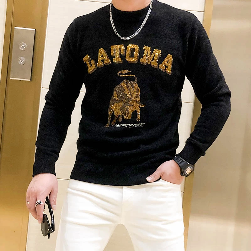 秋冬季高级男装毛衣男潮牌修身金牛烫钻毛衫潮流圆领打底针织衫潮