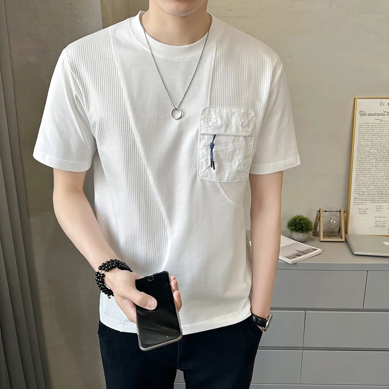 男士短袖t恤男打底棉梭织拼接夏季新款设计感半袖冰丝夏装男款T恤