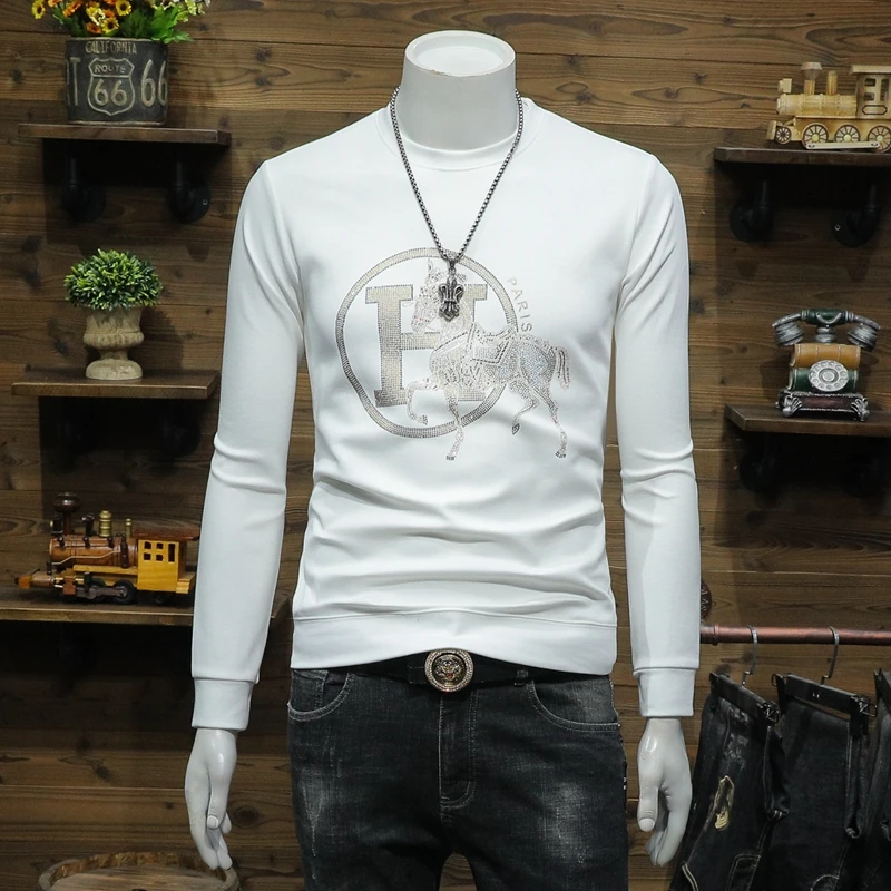 欧洲站秋冬季卫衣男潮牌时尚重工烫钻圆领长袖t恤休闲帅气打底衫