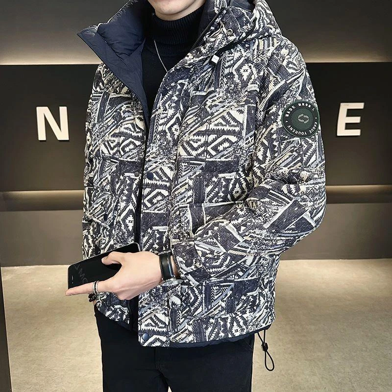 迷彩羽绒服男潮牌2024冬季新款帅气印花加厚保暖连帽外套男冬装潮