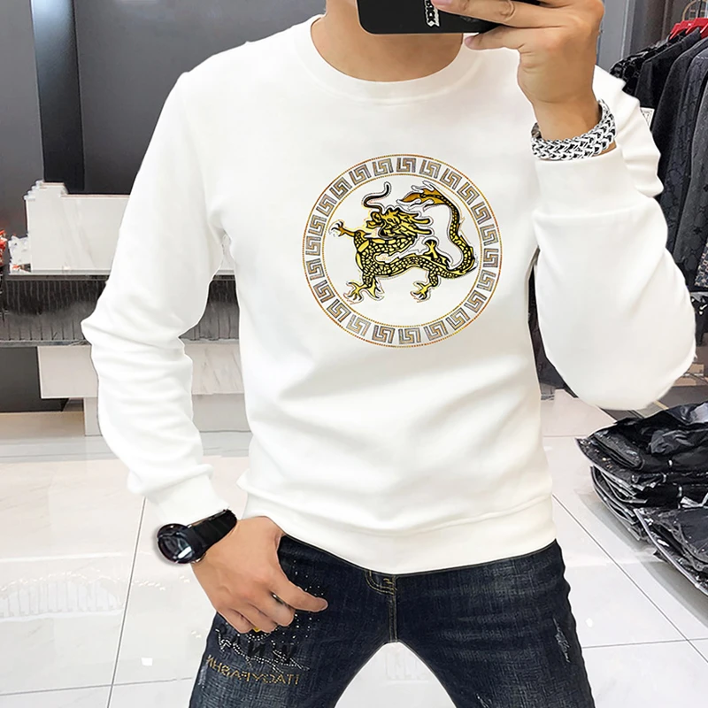 轻奢男装春秋季中国龙卫衣男士潮流春季圆领长袖体恤男秋季男上衣