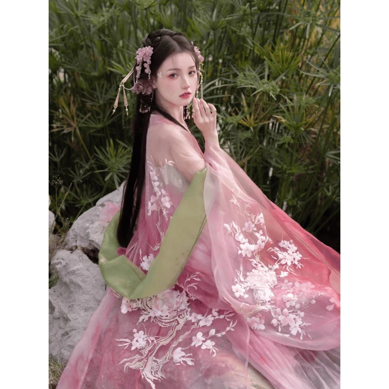 春日宴粉色晕染外绣花大袖诃子裙夏粉色桃花摄影古风仙女重工汉服