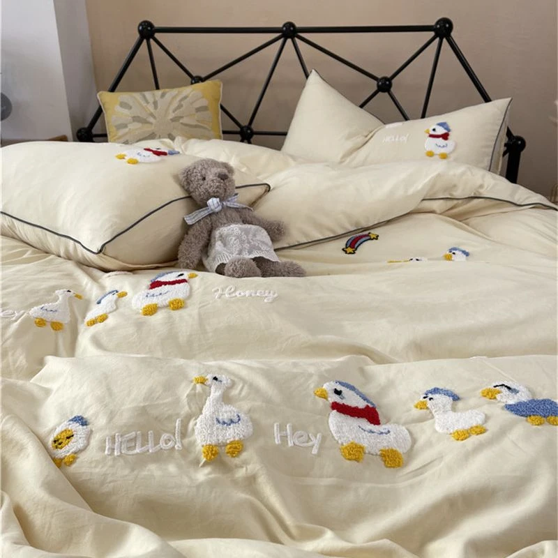 柔软可爱的鸭子水洗棉毛巾绣四件套床上用品被套床单三件套床笠