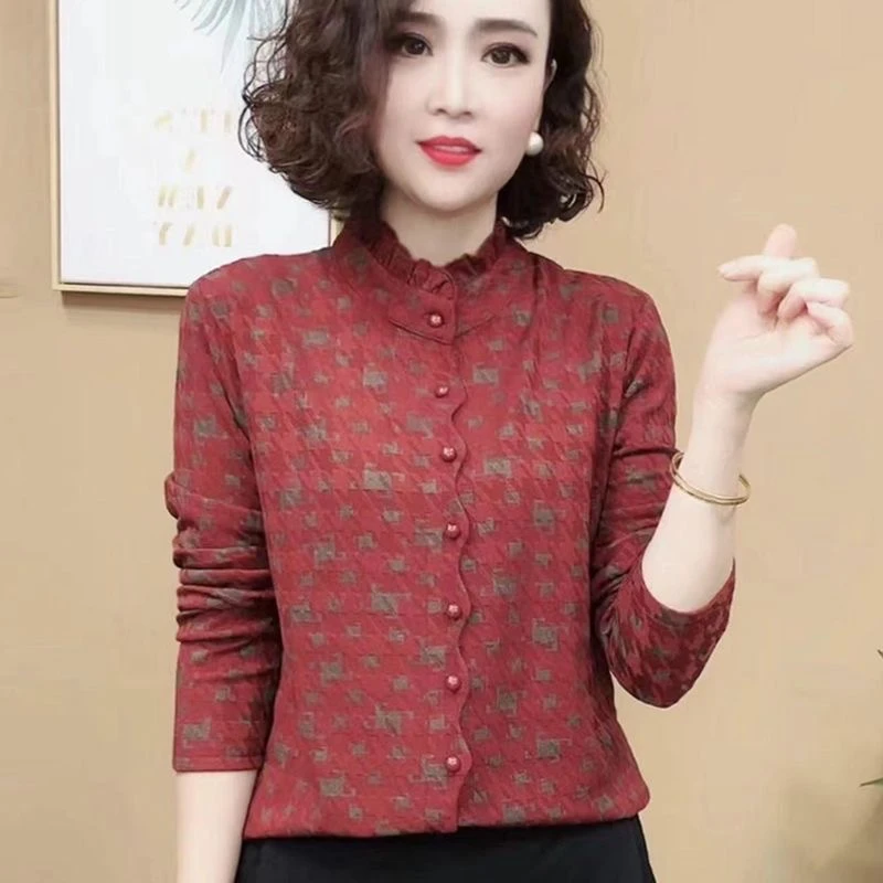 秋冬新款时尚百搭立领长袖加绒印花气质减龄显瘦保暖休闲打底上衣