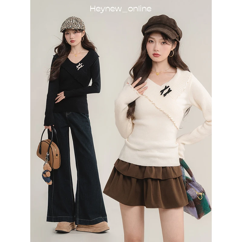 【有现货】翻领木耳边上衣针织修身显瘦上衣-4D279