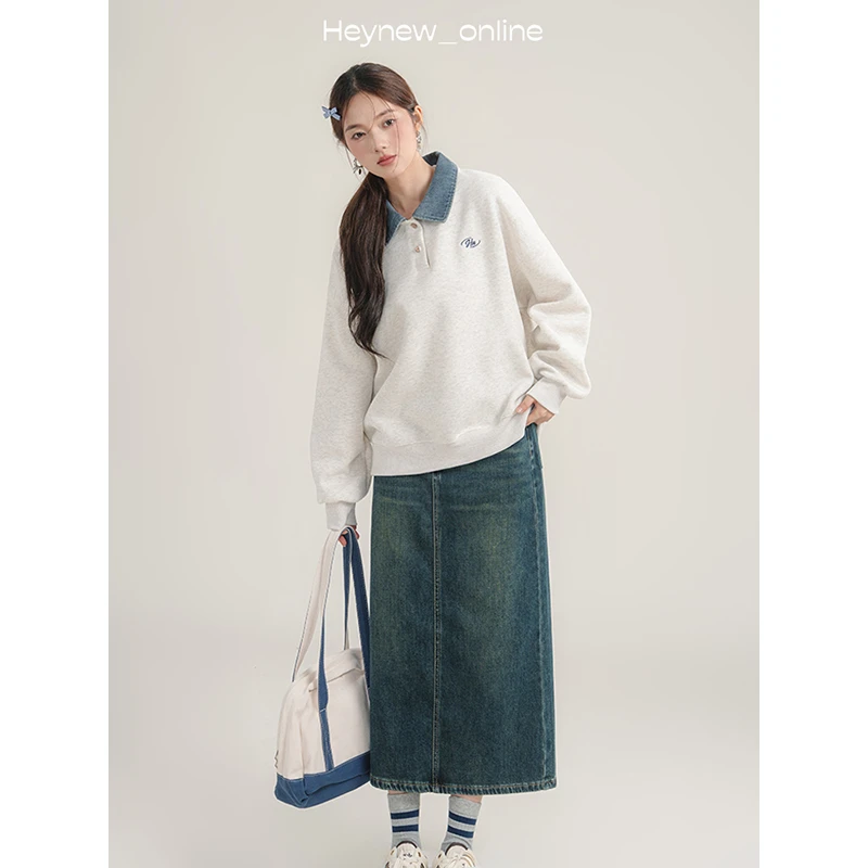 LOVEHEYNEW美式撞色拼接翻领牛仔卫衣女宽松慵懒假两件上衣-4Q148