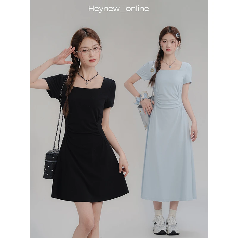 LOVEHEYNEW方领显瘦短袖连衣裙女收腰褶皱a字裙子-4X276