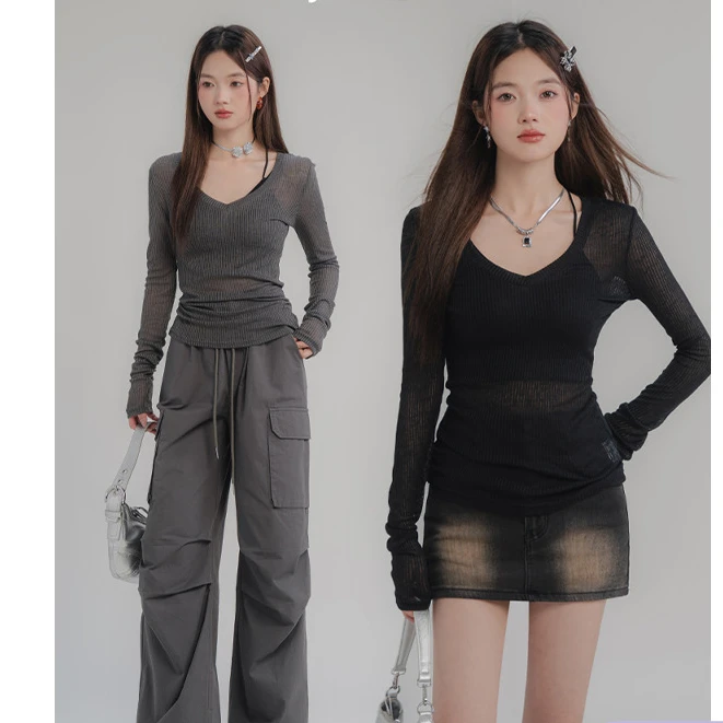 【纯欲拉满！】辣妹风纹路防晒t恤女夏季洋气V领显瘦薄款-4C799