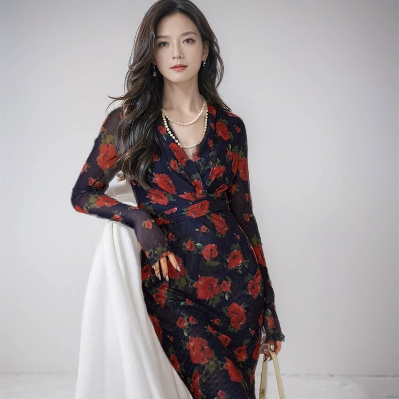 气质优雅青花瓷蓝色花枝裹身裙性感女士复古收腰修身中国风时尚