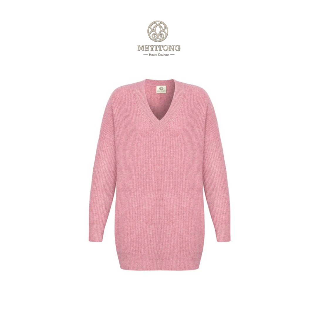 【MSYITONG高定】玫瑰浅梦针织后字母装饰宽松V领羊绒衫