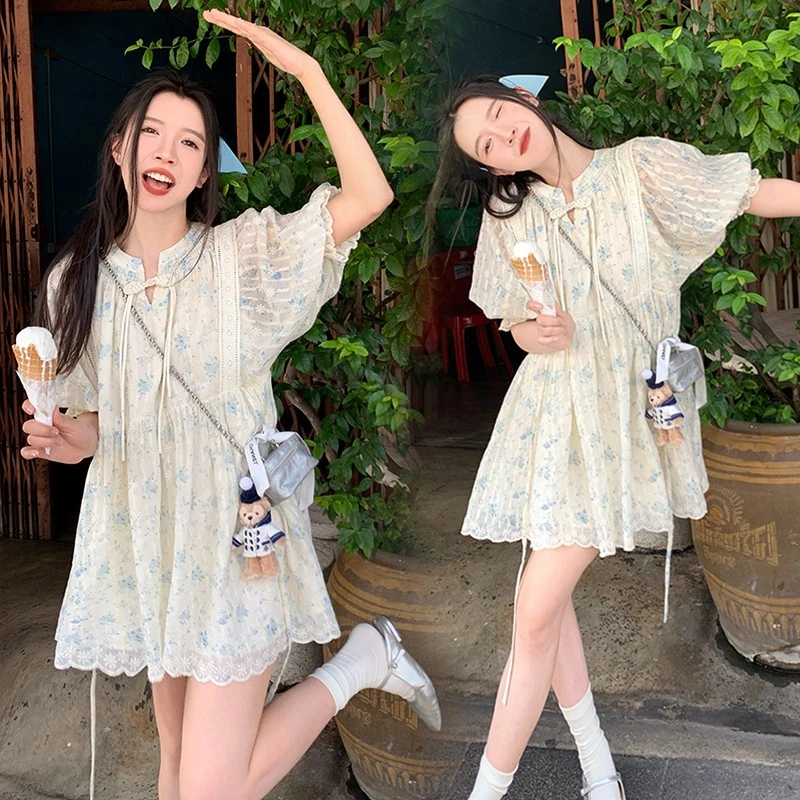 复古盘扣泡泡袖碎花连衣裙女夏季新款微胖mm显瘦设计感收腰a字裙
