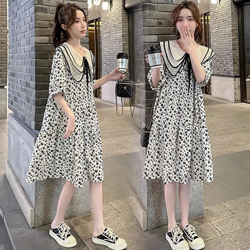 碎花连衣裙女夏季新款微胖mm遮肚显瘦韩版宽松大码娃娃领a字裙子