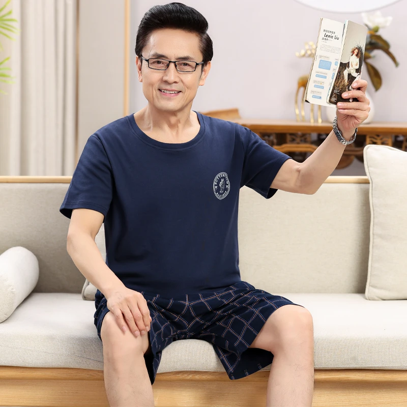 中老年人爸爸睡衣夏季短袖短裤纯棉男睡衣家居服父亲中年套装大码