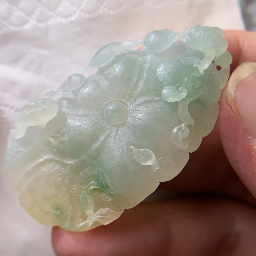 翡翠毛货《大叶有成》《荷气生米》，全手工雕刻，缅甸翡翠A货。