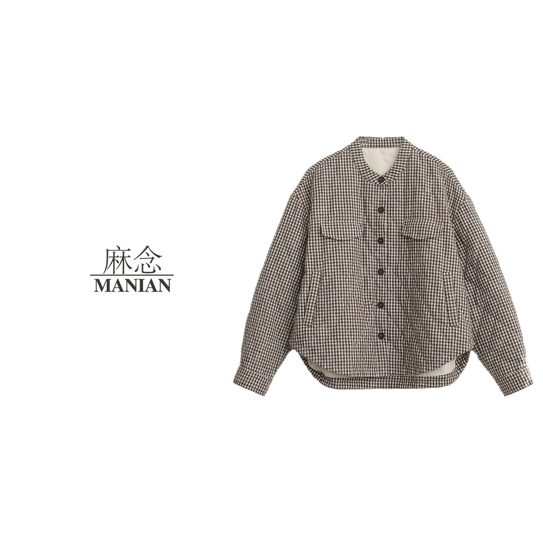 【麻念】衣长69 秋冬新款百搭简约格子加厚保暖棉服女D241551