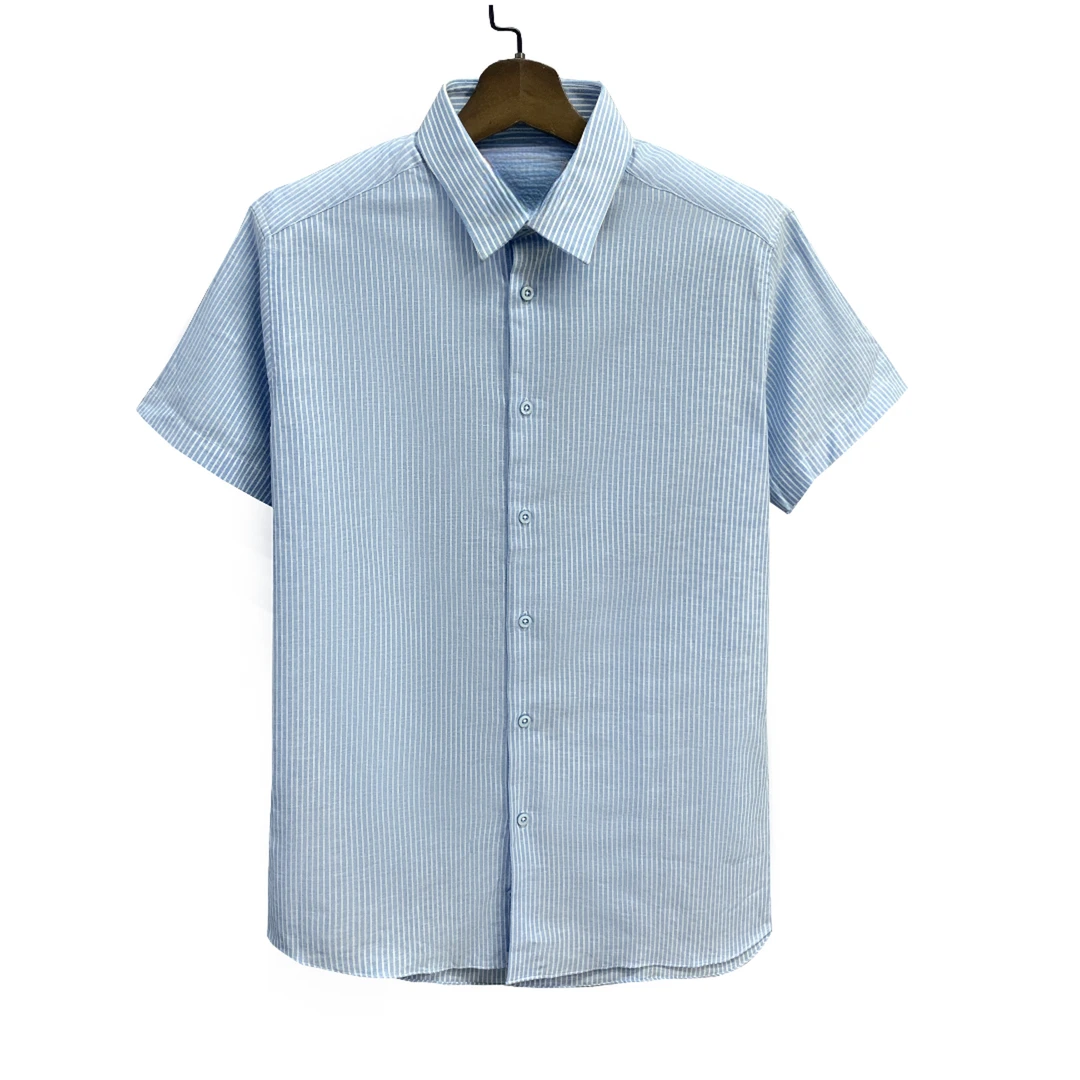 恺【长绒棉+亚麻】浅蓝色竖条百搭商务休闲透气男士短袖衬衫CS195