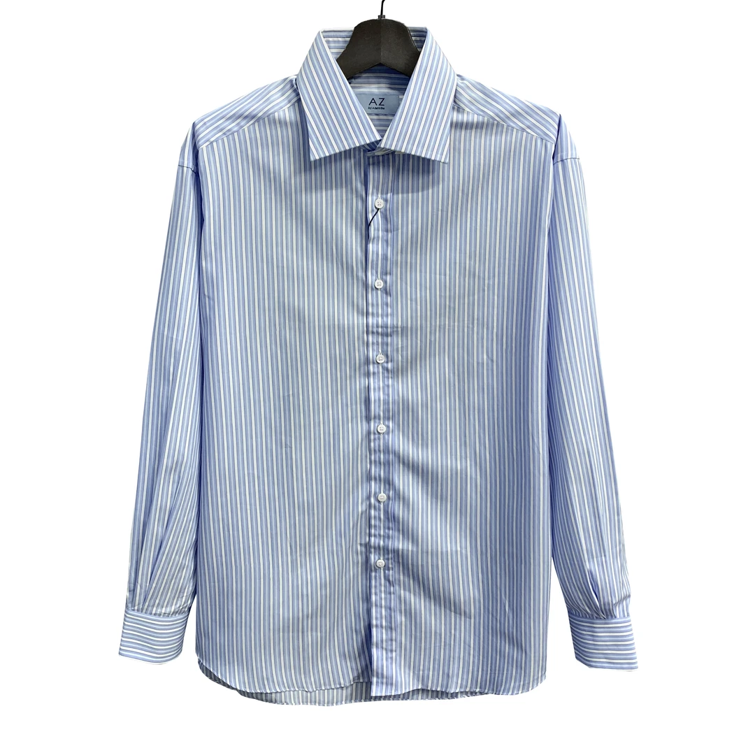AB爱其【140支双股】浅蓝竖条100长绒棉荷兰衬布贝壳扣长袖衬衫1964