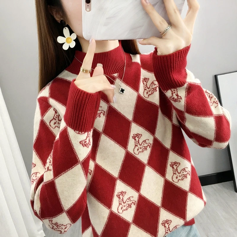半高领毛衣女宽松内搭冬季2022年新款爆款格子提花针织打底衫上衣