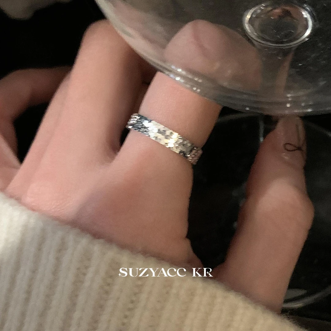 Suzyacc Kr 925银戒指 时尚百搭小众碎碎冰素圈开口戒指DJ0072