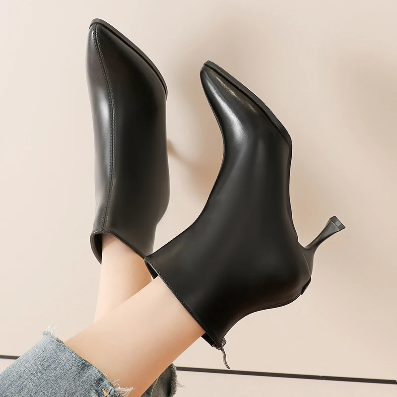 后拉链职业通勤上班工作鞋黑色百搭尖头细跟防滑不累脚工装鞋短靴