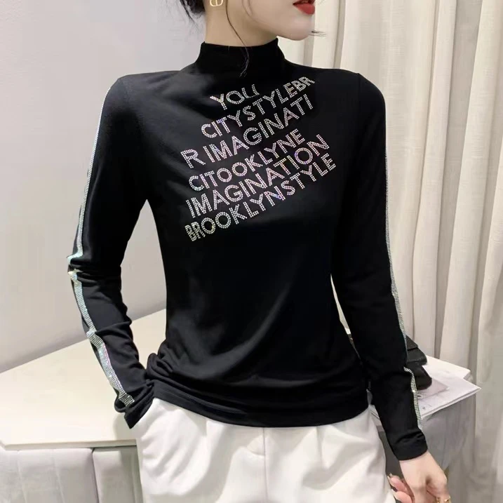 3211【加绒磨毛】彩字母打底衫女装欧货重工烫钻长袖T恤上衣女