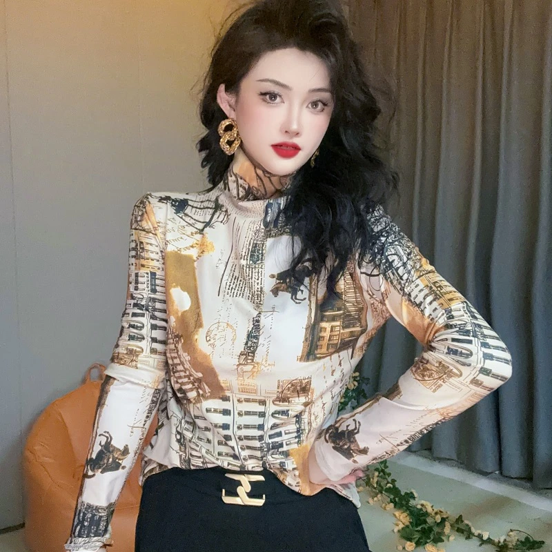 1120【磨毛保暖】复古黑金半高领彩绘印花长袖上衣洋气保暖打底衫女