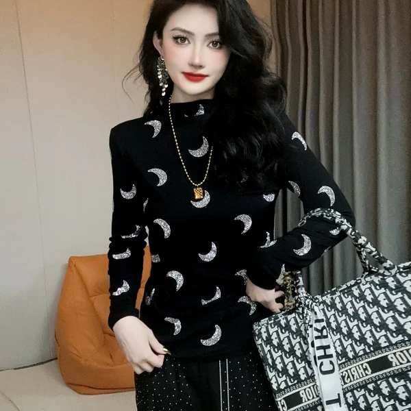 346【加绒磨毛】月亮打底衫女装欧货重工烫钻长袖T恤上衣女