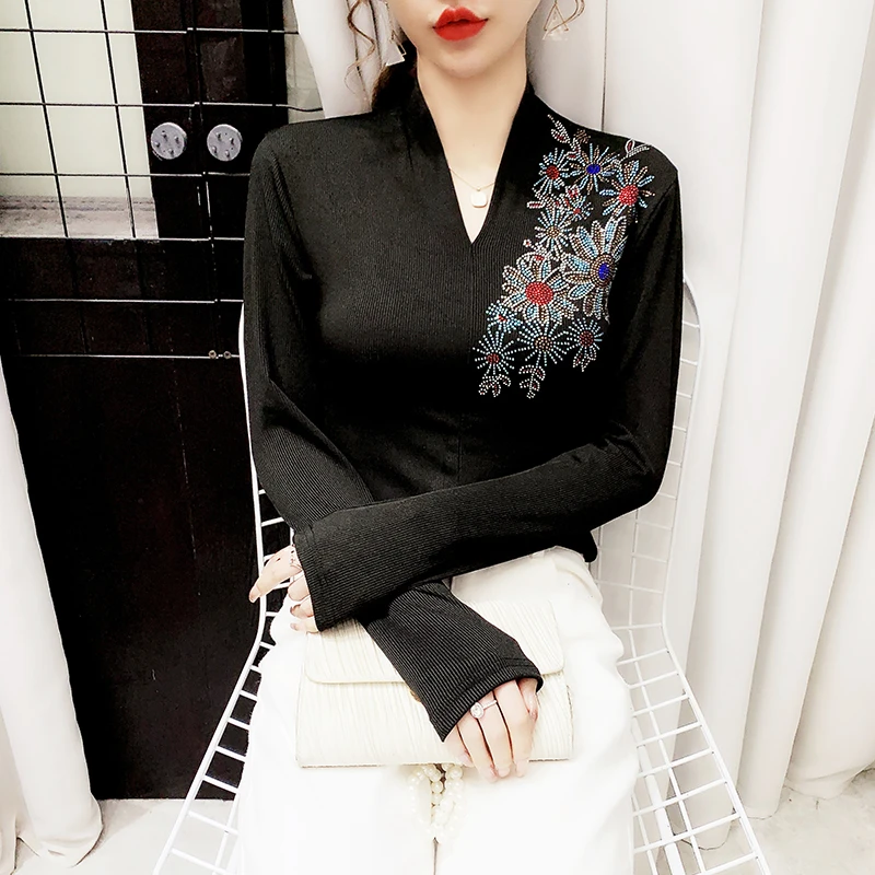 215【加绒磨毛】小雏菊V领打底衫女装欧货重工烫钻长袖T恤上衣女