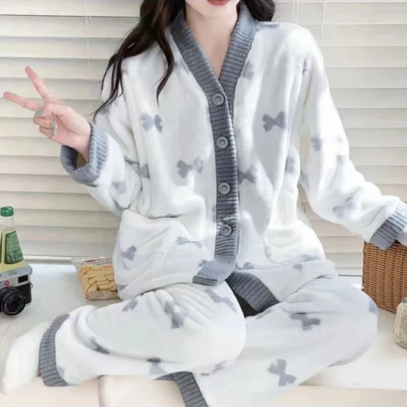 2024新款家居服睡衣女冬款套装法兰绒家居服-0811
