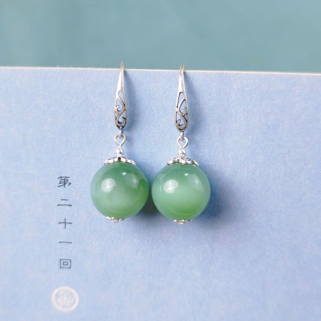 S925银天然和田玉碧玉猫眼14毫圆珠耳坠925银玉耳环吊坠811402