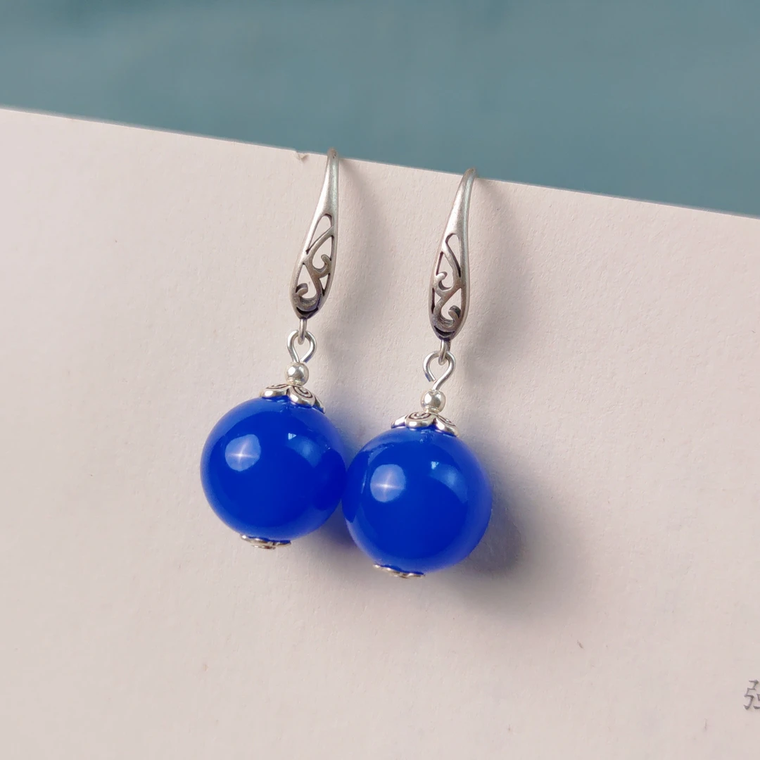 s925银天然蓝玉髓玛瑙14毫米12毫米圆珠耳环天空蓝玉髓耳饰811380