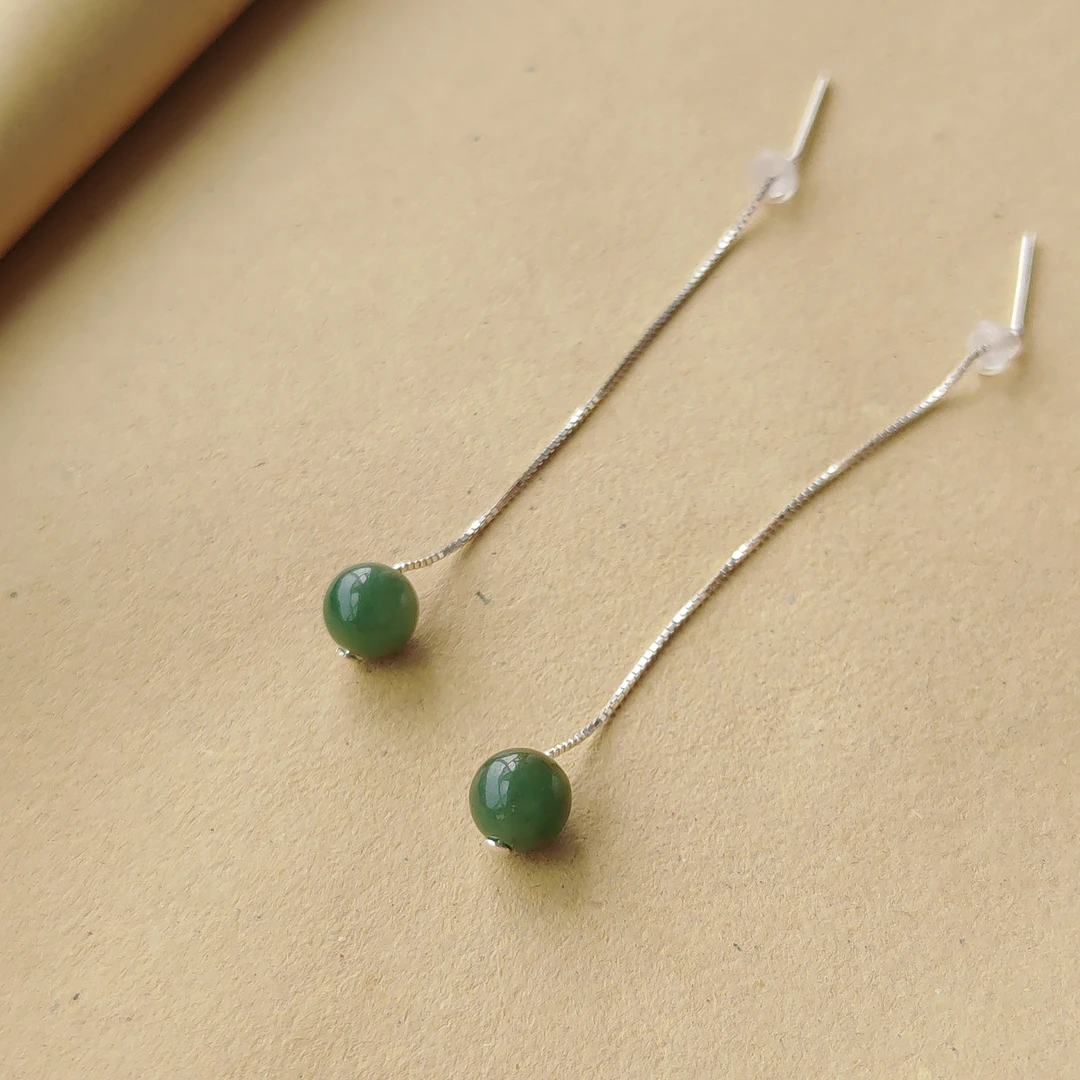 S925银和田玉碧玉8毫米圆珠耳线长流苏耳饰